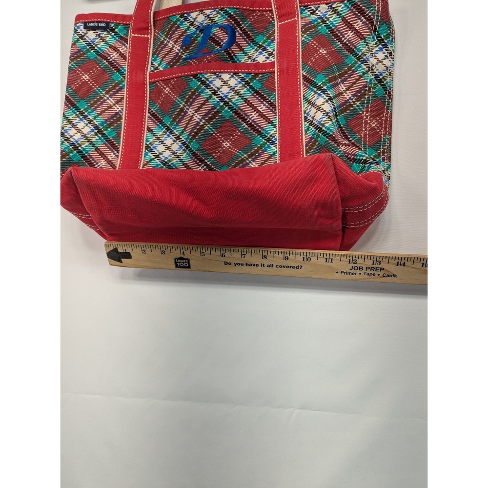 Lands End Red Plaid‎ Canvas Zipper Top Tote Bag Monogram JD Blue - Picture 6 of 10